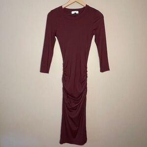 Michael Stars 3/4 Sleeve Bodycon Burgundy Midi Dress with slight rouching XS